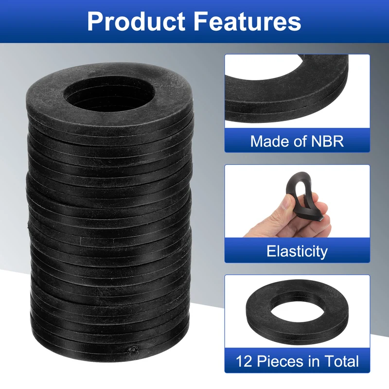 12Pcs Nitrile Rubber Flat Washer DN32 1 13/16" OD x1-3/8" ID x 1/4" Thick Black
