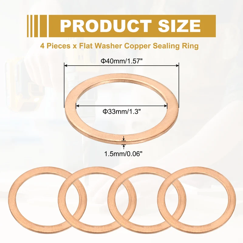 4Pcs M33 Copper Crush Washer Sealing Ring Gasket 33mm ID 40mm OD 1.5mm Thick