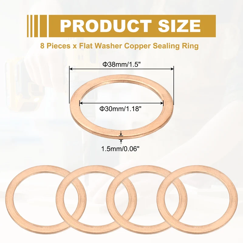 8Pcs M30 Copper Crush Washer Sealing Ring Gasket 30mm ID 38mm OD 1.5mm Thick