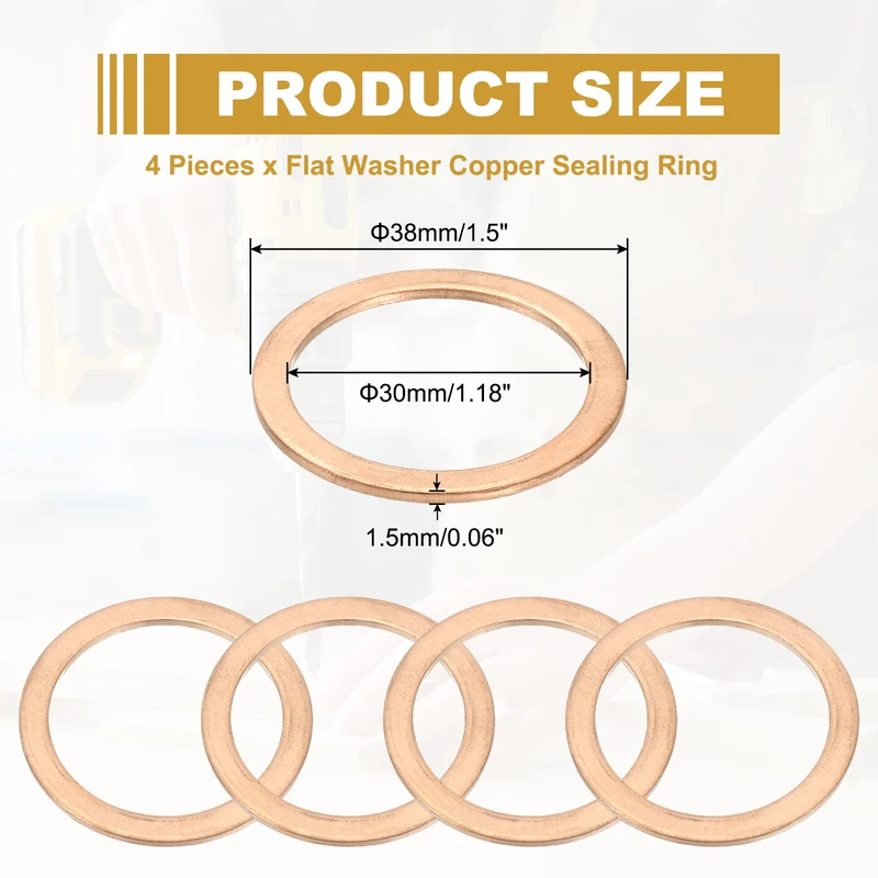 4Pcs M30 Copper Crush Washer Sealing Ring Gasket 30mm ID 38mm OD 1.5mm Thick