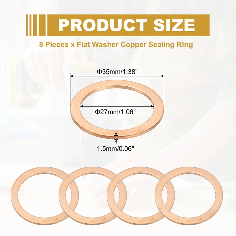 8Pcs M27 Copper Crush Washer Sealing Ring Gasket 27mm ID 35mm OD 1.5mm Thick