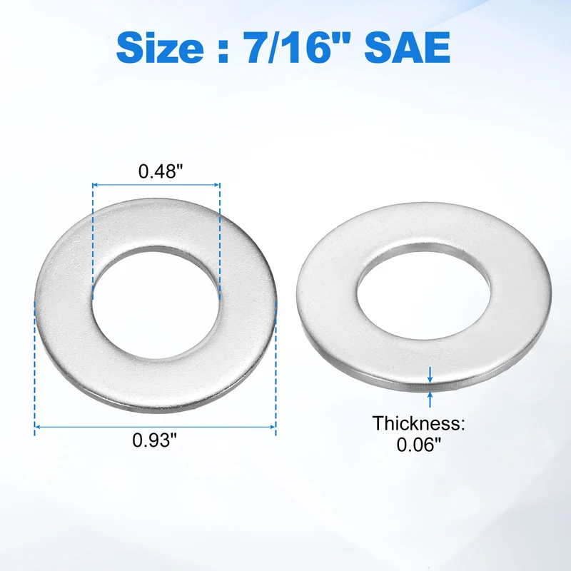 50Pcs 7/16" Stainless Steel SAE Flat Washers 0.48" ID x 0.93" OD x 0.06" Thick)