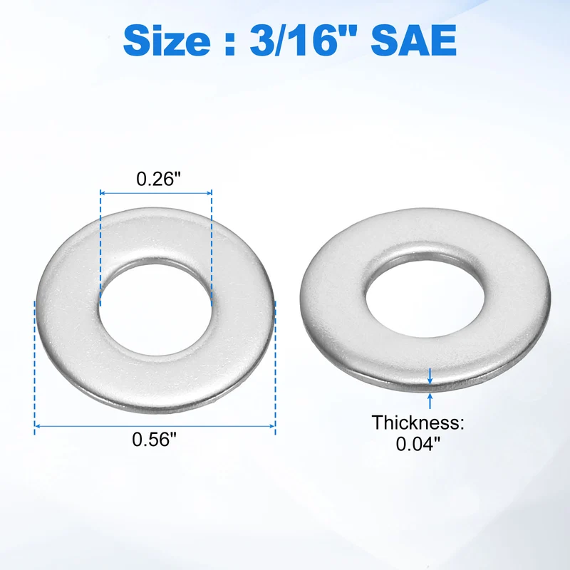 100Pcs 3/16" Stainless Steel SAE Flat Washers, 0.26" IDx0.56" ODx0.04" Thick