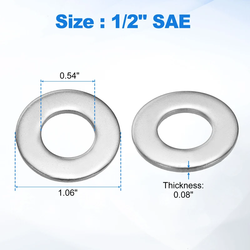25Pcs 1/2" Stainless Steel SAE Flat Washers 0.54" ID x 1.06" OD x 0.08" Thick
