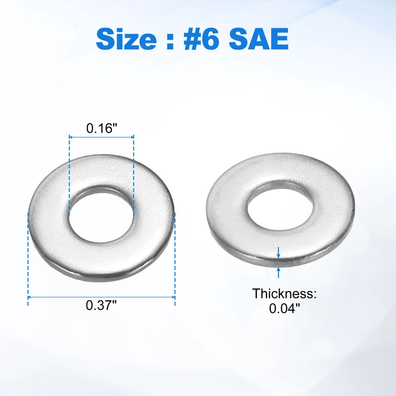 200Pcs #6 Stainless Steel SAE Flat Washers, 0.16" IDx0.37" ODx0.04" Thick