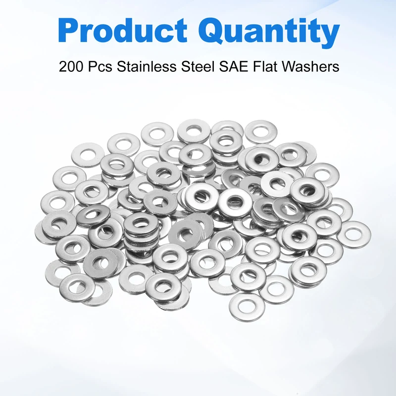 200Pcs #6 Stainless Steel SAE Flat Washers, 0.16" IDx0.37" ODx0.04" Thick