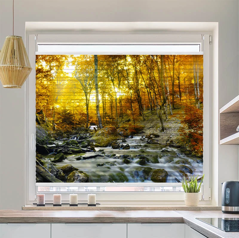 Wabenplissee Motiv "Herbstwald Fluss"