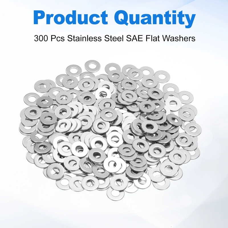 300 Pcs SAE 10# Flat Washer, 304 Stainless Steel Flat Washer Gasket, Silver