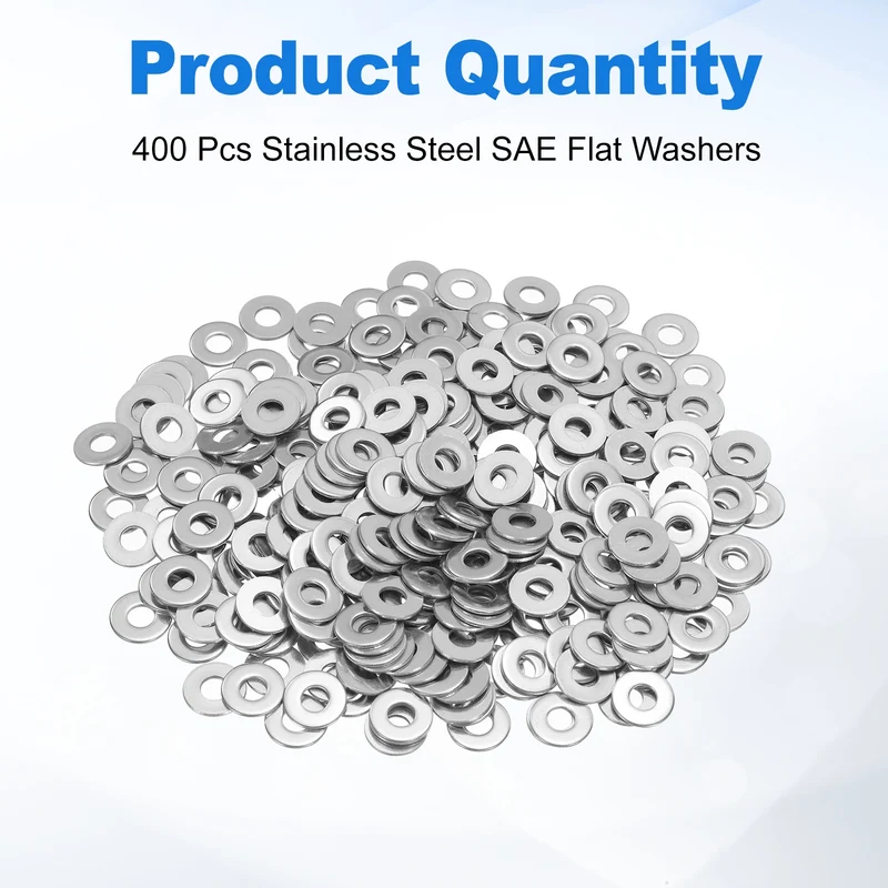 400 Pcs SAE 8# Flat Washer, 304 Stainless Steel Flat Washer Gasket, Silver