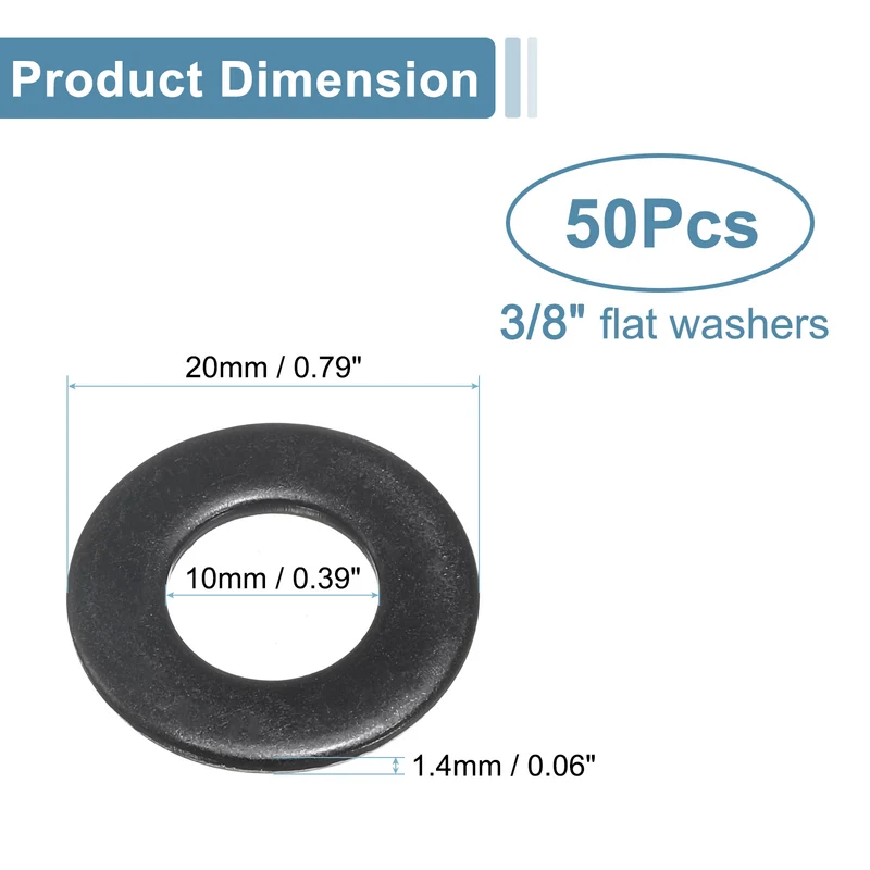 50 Pcs 3/8" Stainless Steel Flat Washers, 10mm ID x 20mm OD x 1.4mm Thick