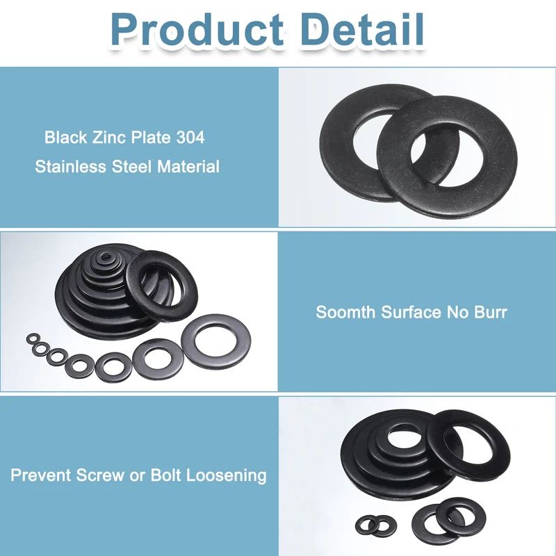 50 Pcs 3/8" Stainless Steel Flat Washers, 10mm ID x 20mm OD x 1.4mm Thick