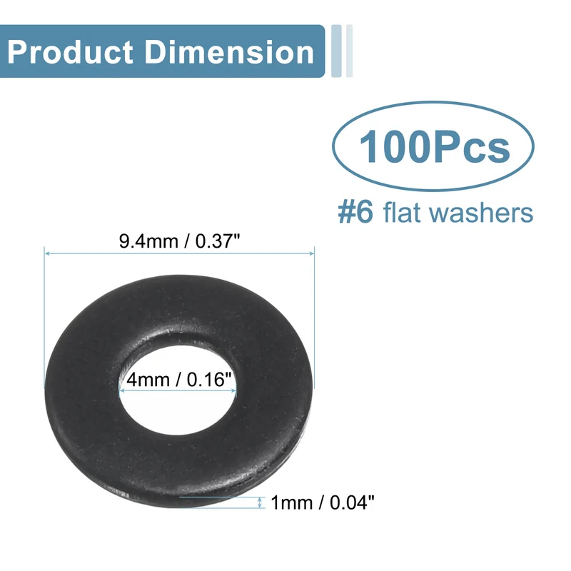 100 Pcs #6 Stainless Steel Flat Washers, 4mm ID x 9.4mm OD x 1mm Thick