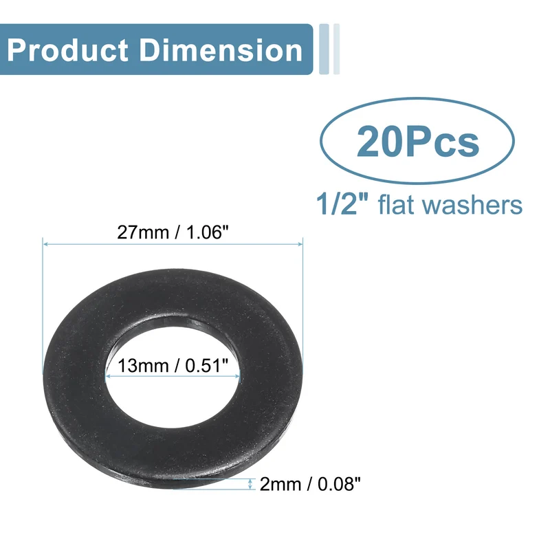 20 Pcs 1/2" Stainless Steel Flat Washers, 13mm ID x 27mm OD x 2mm Thick