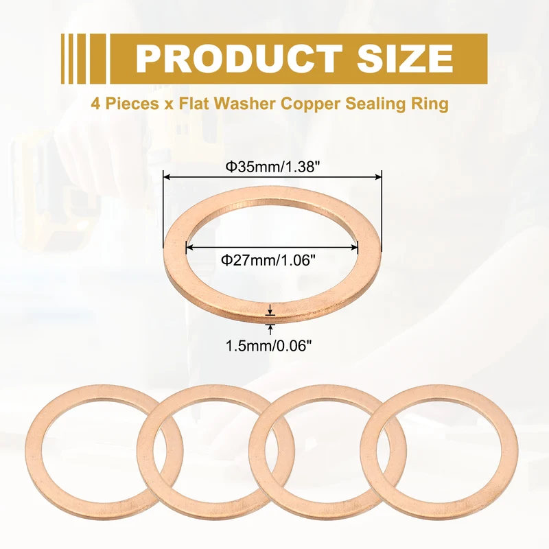 4Pcs M27 Copper Crush Washer Sealing Ring Gasket 27mm ID 35mm OD 1.5mm Thick