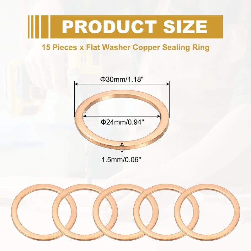 15Pcs M24 Copper Crush Washer Sealing Ring Gasket 24mm ID 30mm OD 1.5mm Thick