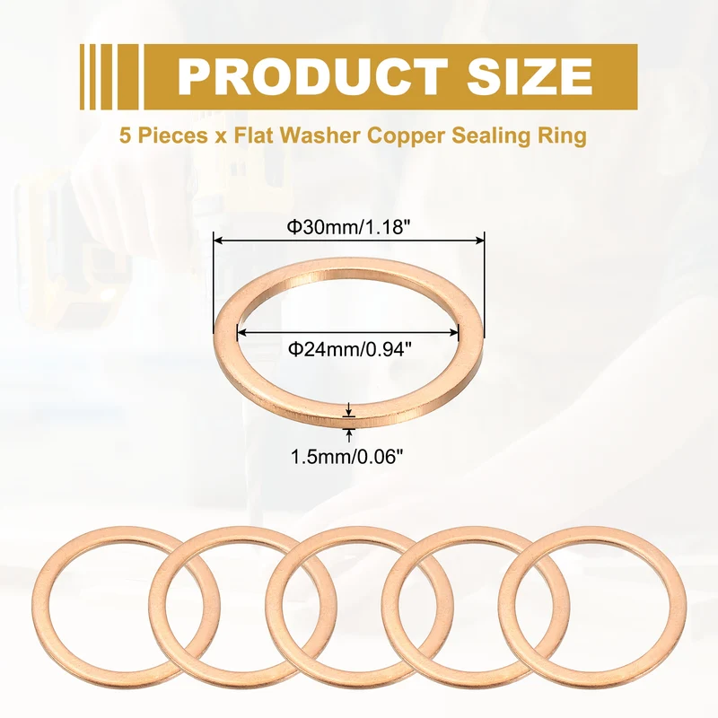 5Pcs M24 Copper Crush Washer Sealing Ring Gasket 24mm ID 30mm OD 1.5mm Thick