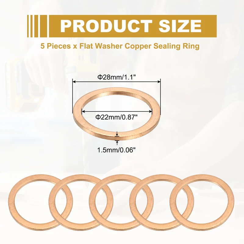 5Pcs M22 Copper Crush Washer Sealing Ring Gasket 22mm ID 28mm OD 1.5mm Thick