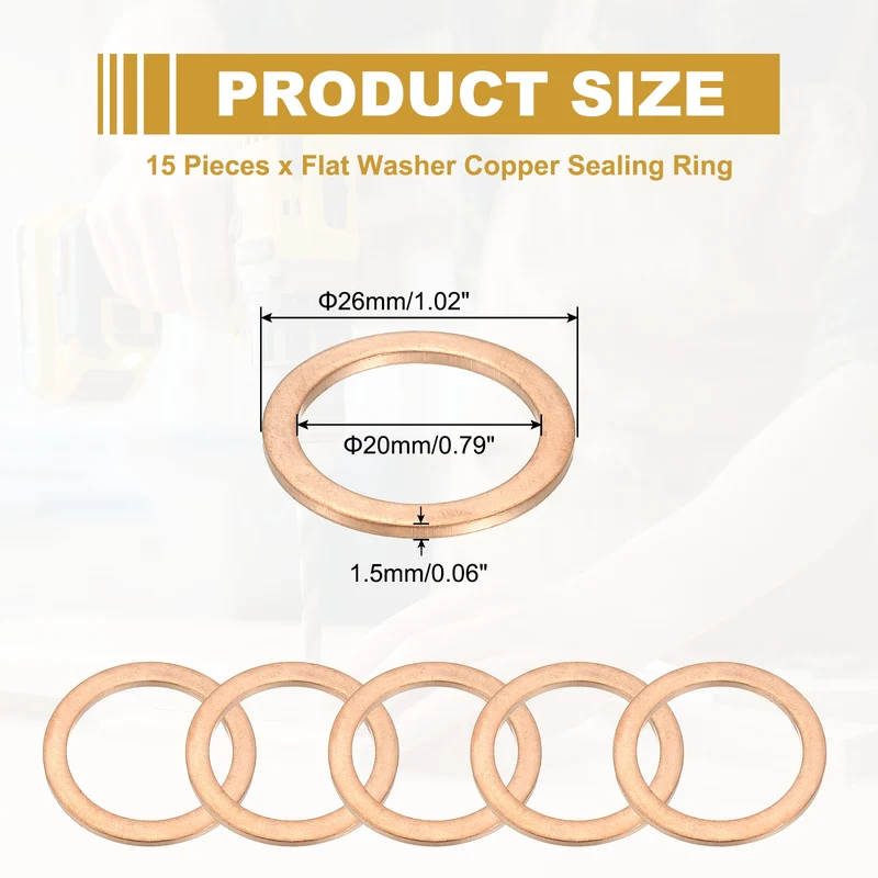 15Pcs M20 Copper Crush Washer Sealing Ring Gasket 20mm ID 26mm OD 1.5mm Thick