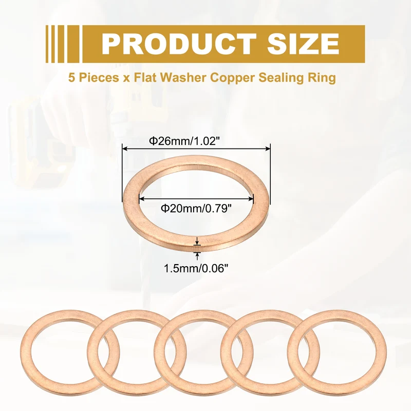 5Pcs M20 Copper Crush Washer Sealing Ring Gasket 20mm ID 26mm OD 1.5mm Thick