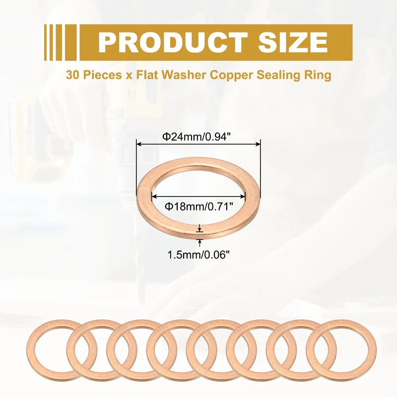 30Pcs M18 Copper Crush Washer Sealing Ring Gasket 18mm ID 24mm OD 1.5mm Thick