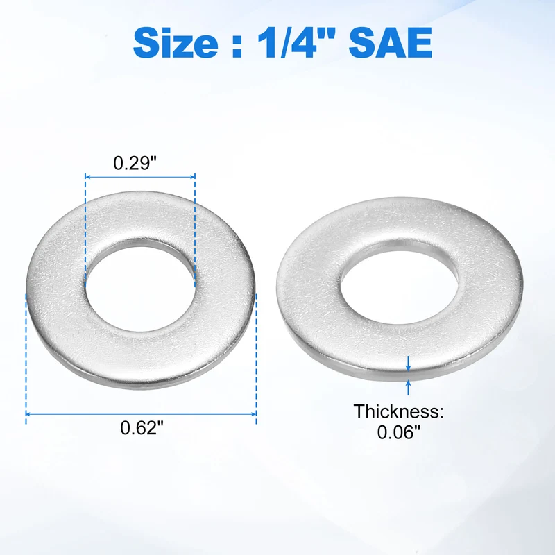 50Pcs 1/4" Stainless Steel SAE Flat Washers, 0.29" IDx0.62" ODx0.06" Thick