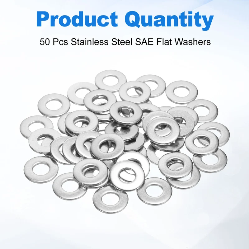 50Pcs 1/4" Stainless Steel SAE Flat Washers, 0.29" IDx0.62" ODx0.06" Thick