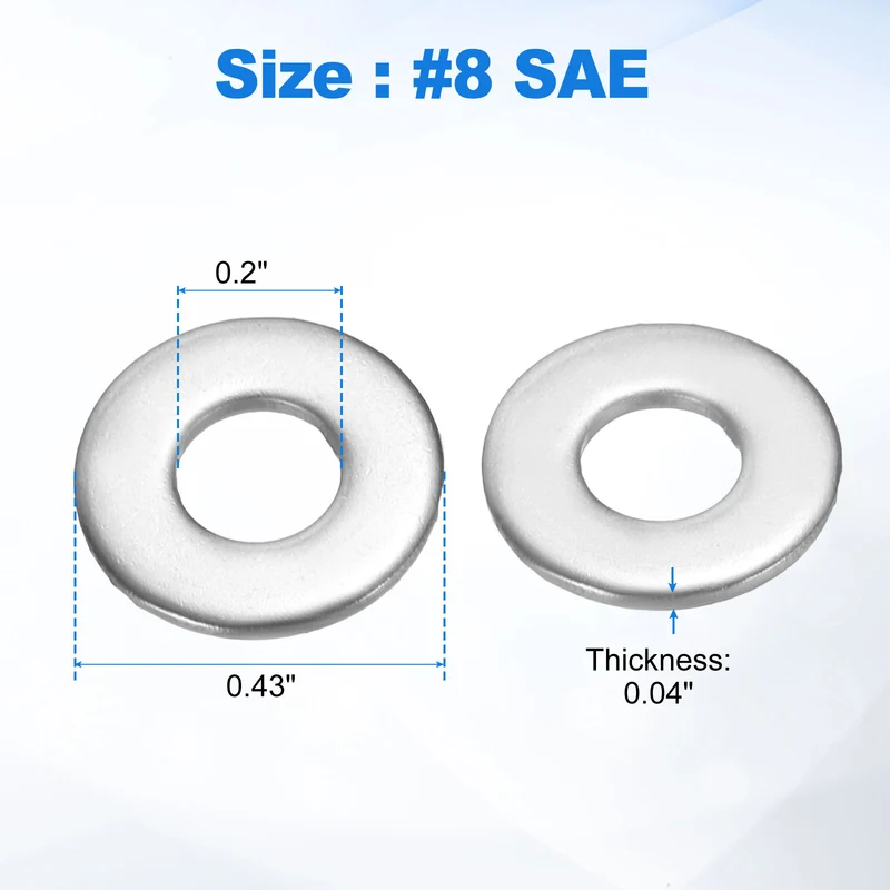 200Pcs #8 Stainless Steel SAE Flat Washers, 0.2" IDx0.43" ODx0.04" Thick