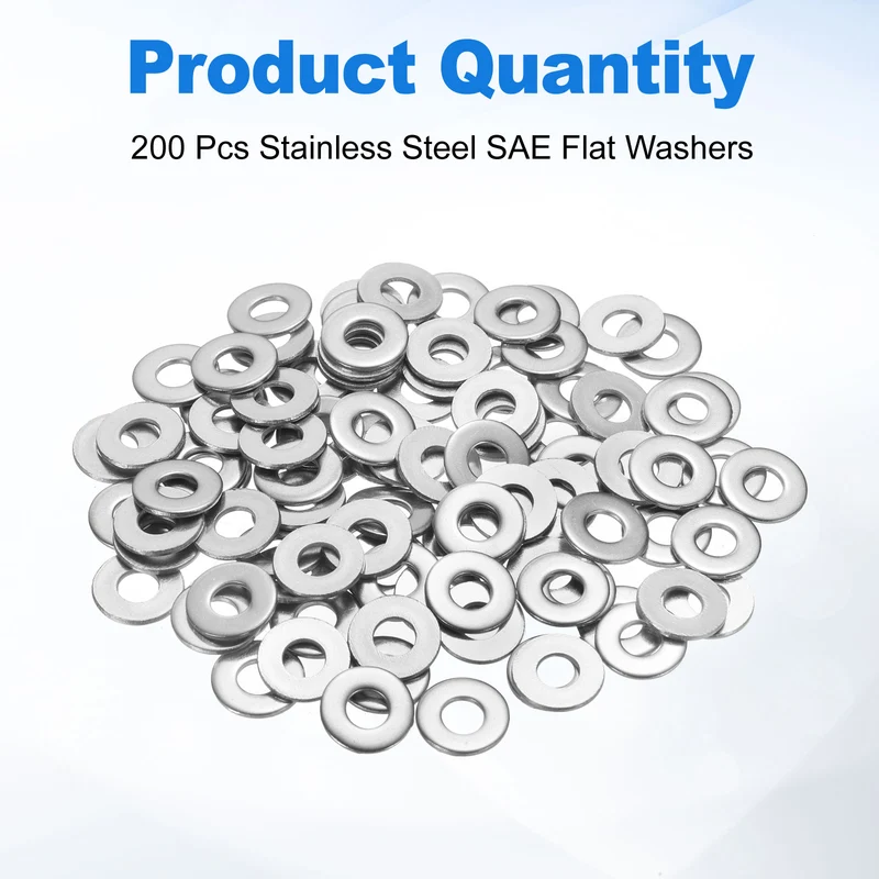 200Pcs #8 Stainless Steel SAE Flat Washers, 0.2" IDx0.43" ODx0.04" Thick