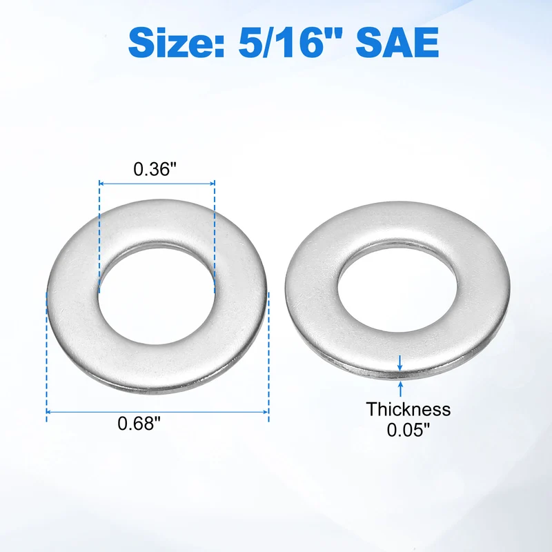 100Pcs 5/16" Stainless Steel SAE Flat Washers, 0.36" IDx0.68" ODx0.05" Thick