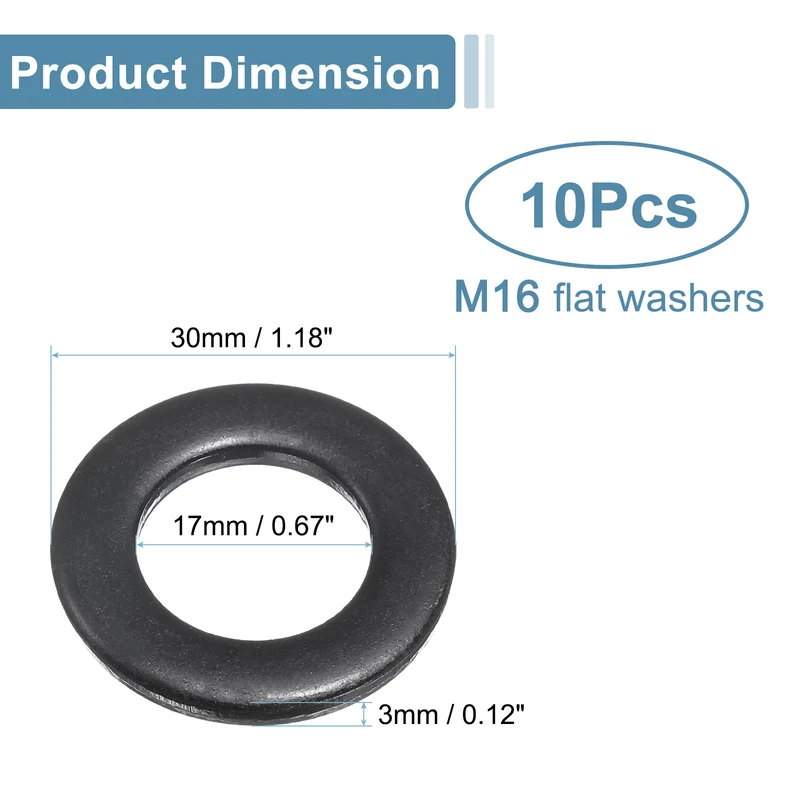 10Pcs M16 Stainless Steel Flat Washers 17mm ID x 30mm OD x 3mm Thick