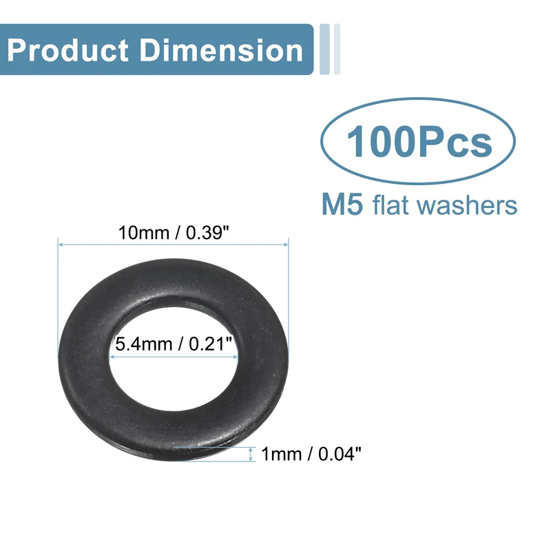 100Pcs M5 Stainless Steel Flat Washers 5.4mm ID x 10mm OD x 1mm Thick
