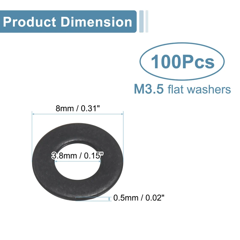 100Pcs M3.5 Stainless Steel Flat Washers 3.8mm ID x 8mm OD x 0.5mm Thick