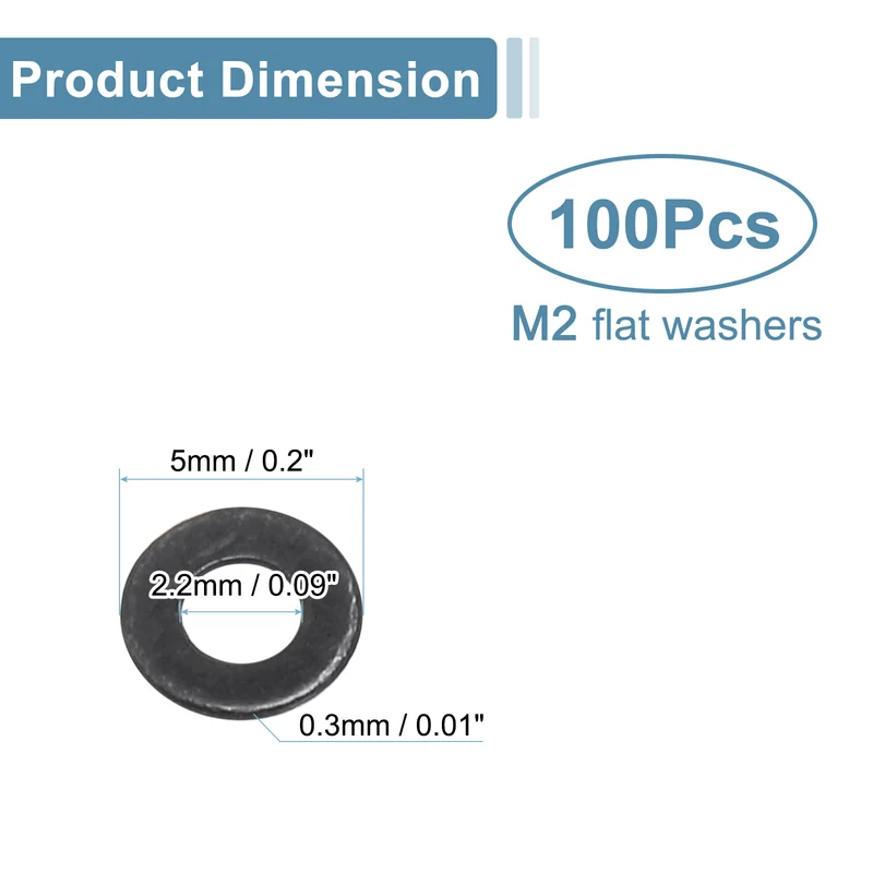 100Pcs M2 Stainless Steel Flat Washers 2.2mm ID x 5mm OD x 0.3mm Thick