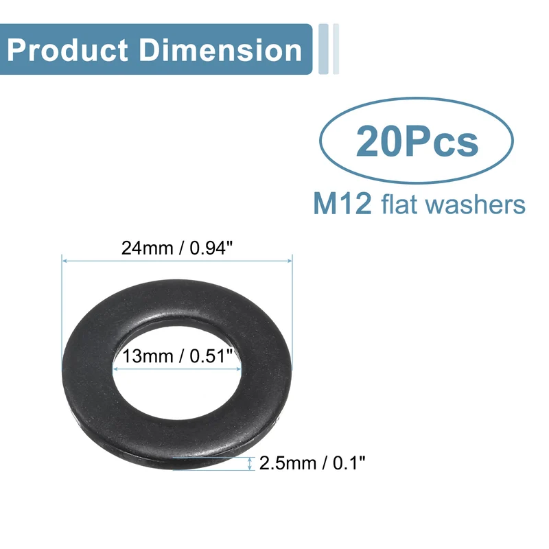 20 Pcs M12 Stainless Steel Flat Washers, 13mm ID x 24mm OD x 2.5mm Thick