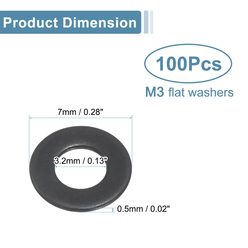 100Pcs M3 Stainless Steel Flat Washers 3.2mm ID x 7mm OD x 0.5mm Thick