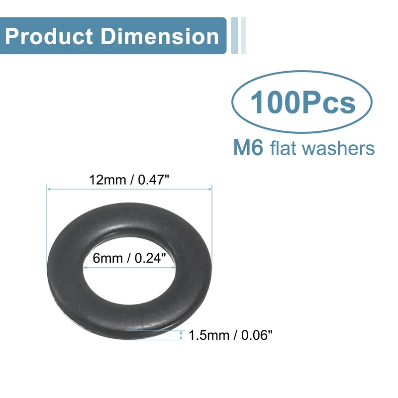 100 Pcs M6 Stainless Steel Flat Washers, 6mm ID x 12mm OD x 1.5mm Thick