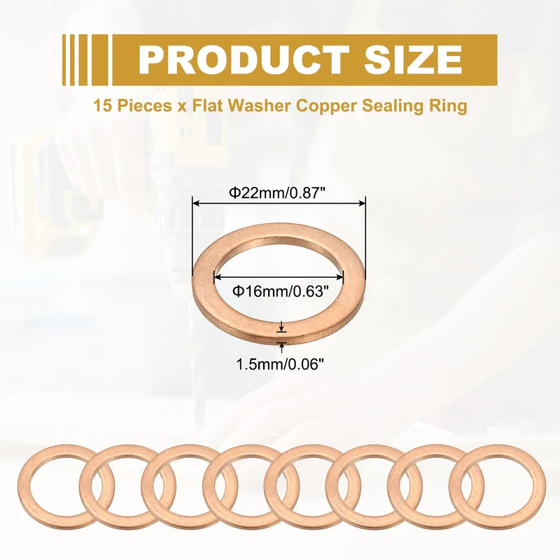 15Pcs M16 Copper Crush Washer Sealing Ring Gasket 16mm ID 22mm OD 1.5mm Thick