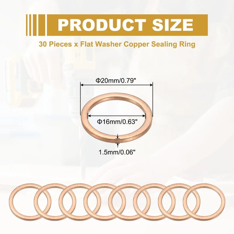 30Pcs M16 Copper Crush Washer Sealing Ring Gasket 16mm ID 20mm OD 1.5mm Thick