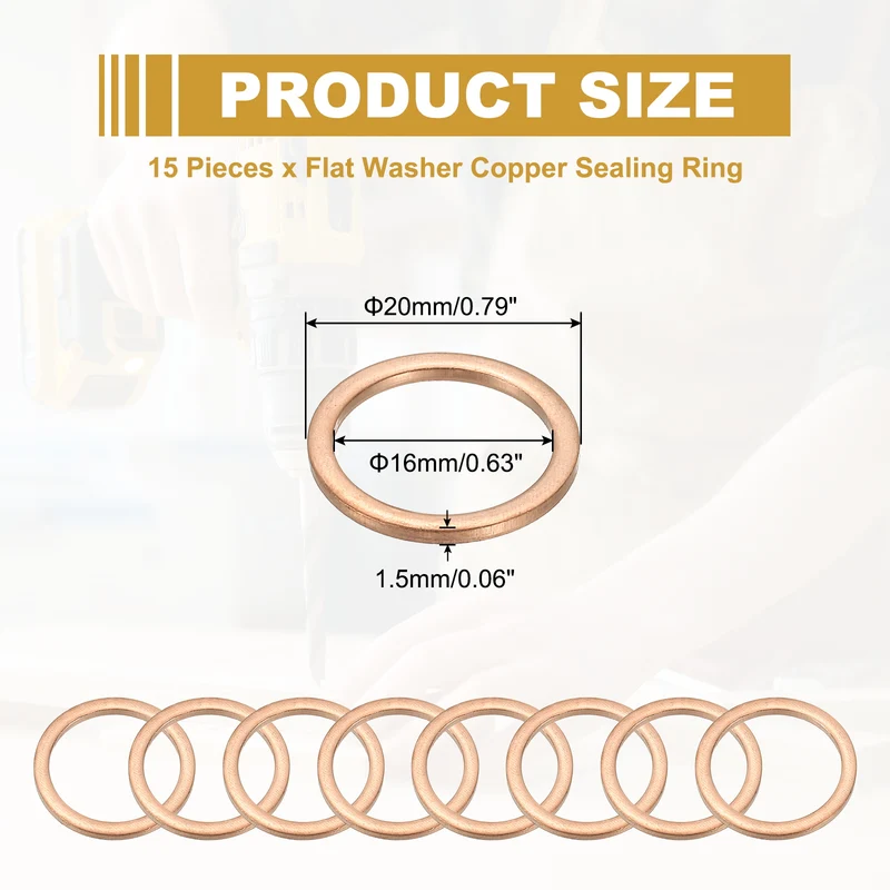 15Pcs M16 Copper Crush Washer Sealing Ring Gasket 16mm ID 20mm OD 1.5mm Thick