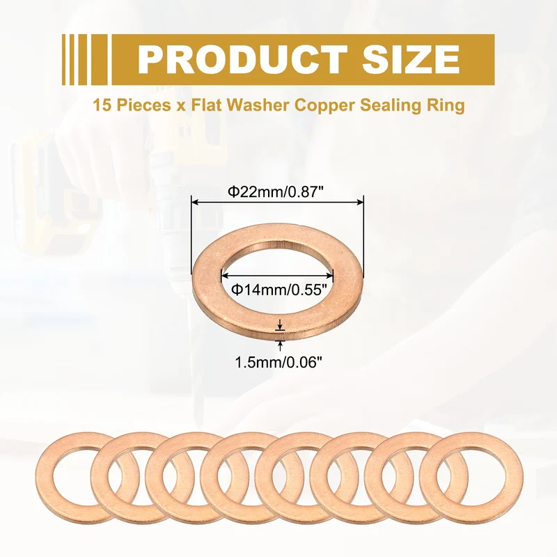 15Pcs M14 Copper Crush Washer Sealing Ring Gasket 14mm ID 22mm OD 1.5mm Thick