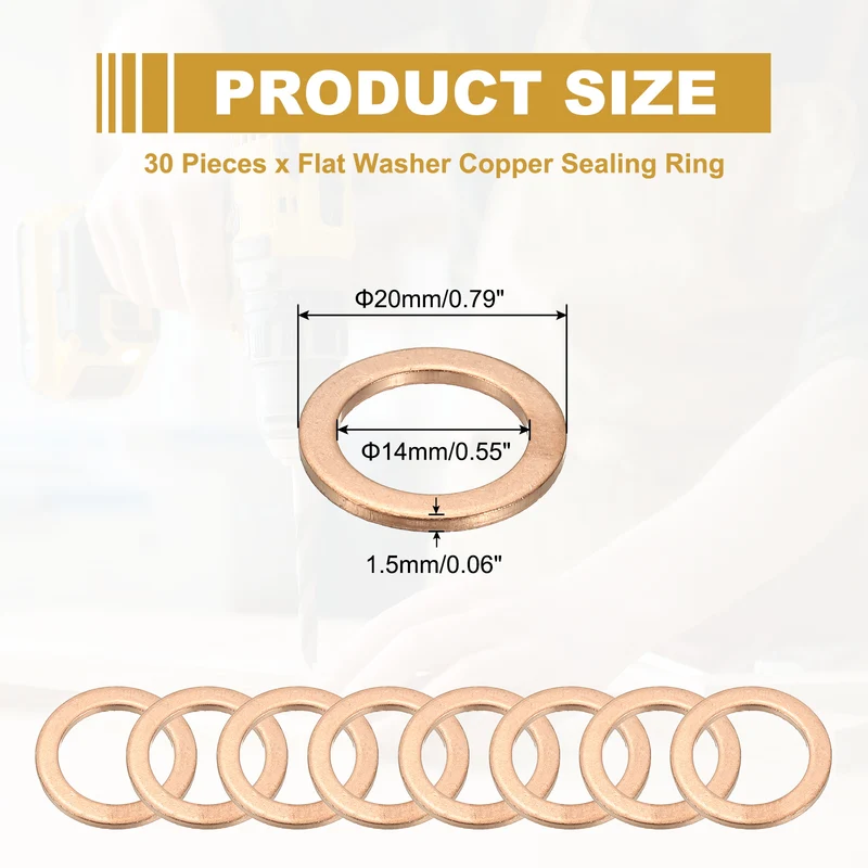 30Pcs M14 Copper Crush Washer Sealing Ring Gasket 14mm ID 20mm OD 1.5mm Thick