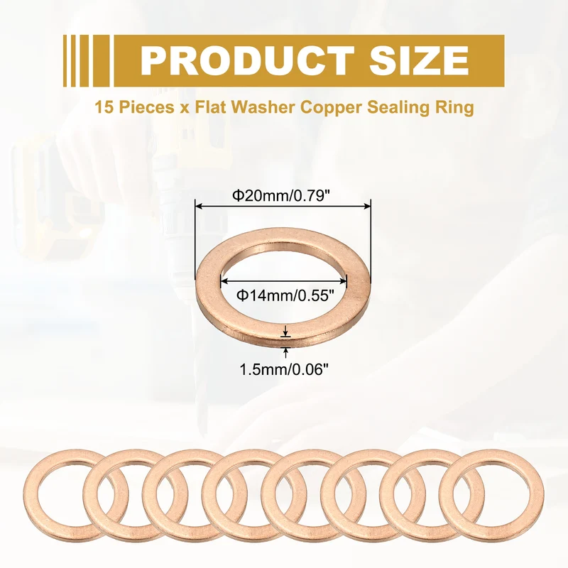 15Pcs M14 Copper Crush Washer Sealing Ring Gasket 14mm ID 20mm OD 1.5mm Thick