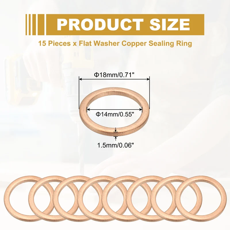 15Pcs M14 Copper Crush Washer Sealing Ring Gasket 14mm ID 18mm OD 1.5mm Thick