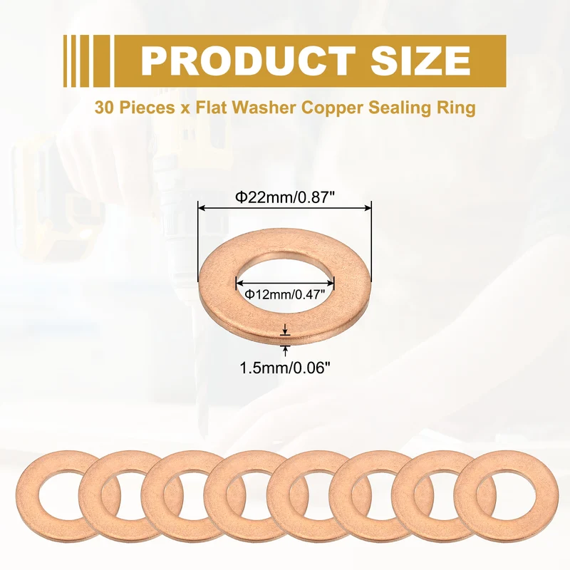 30Pcs M12 Copper Crush Washer Sealing Ring Gasket 12mm ID 22mm OD 1.5mm Thick