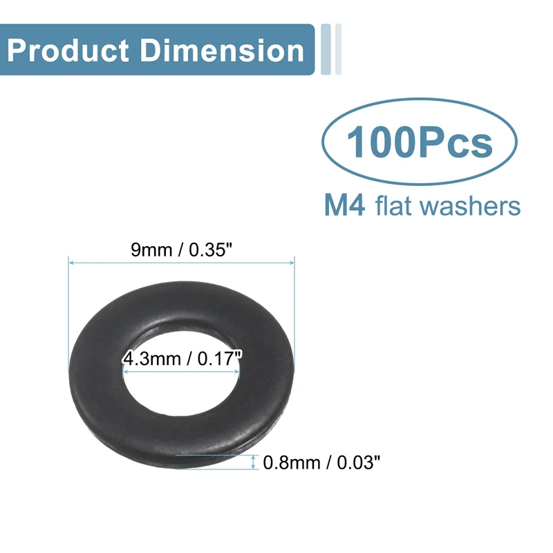 100Pcs M4 Stainless Steel Flat Washers 4.3mm ID x 9mm OD x 0.8mm Thick