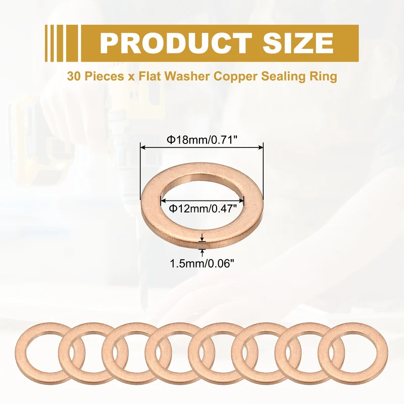 30Pcs M12 Copper Crush Washer Sealing Ring Gasket 12mm ID 18mm OD 1.5mm Thick