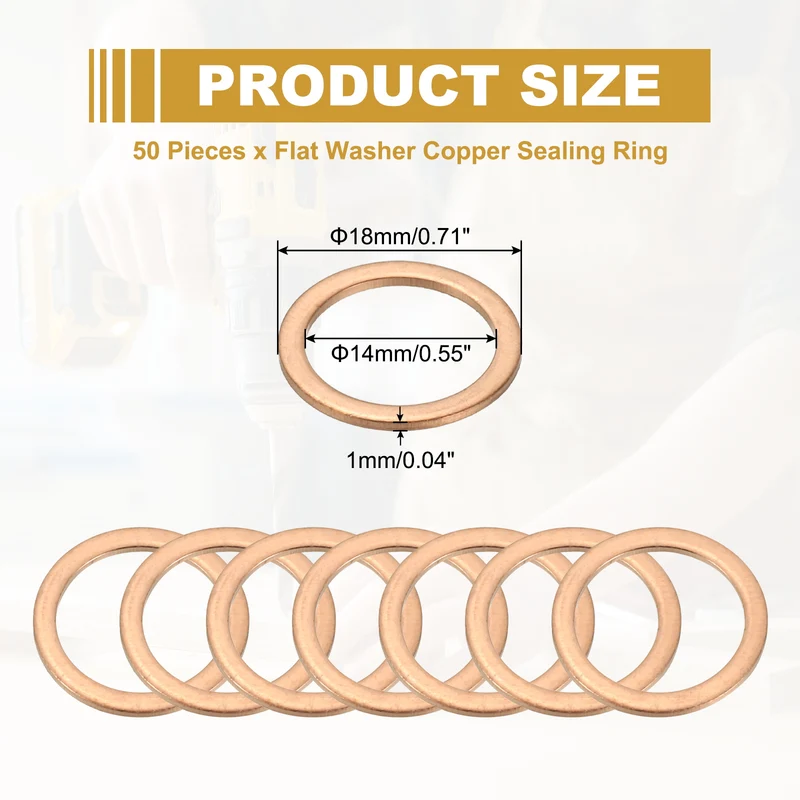 50Pcs M14 Copper Crush Washer Sealing Ring Gasket 14mm ID 18mm OD 1mm Thick