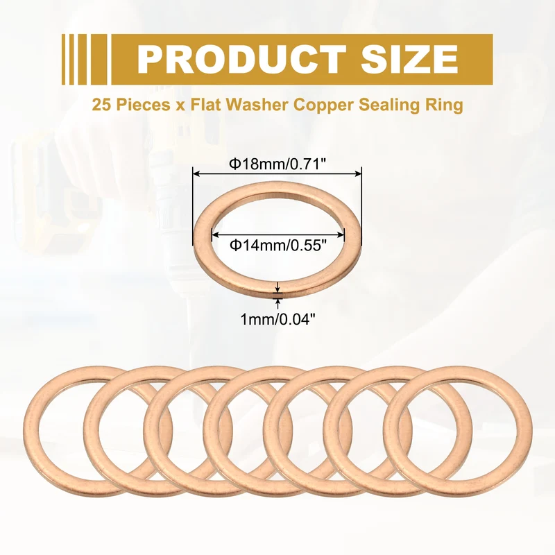 25Pcs M14 Copper Crush Washer Sealing Ring Gasket 14mm ID 18mm OD 1mm Thick