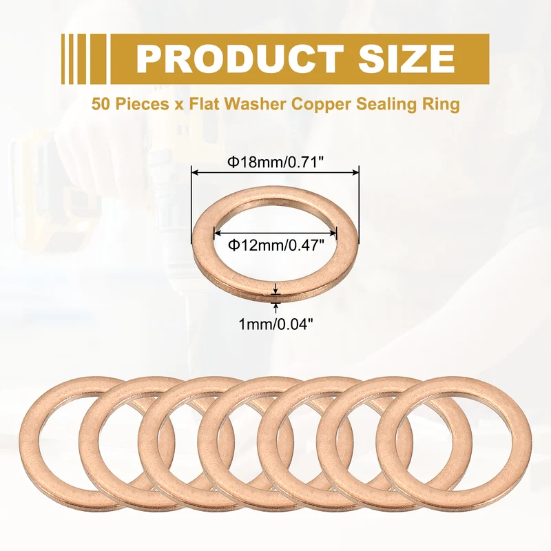 50Pcs M12 Copper Crush Washer Sealing Ring Gasket 12mm ID 18mm OD 1mm Thick