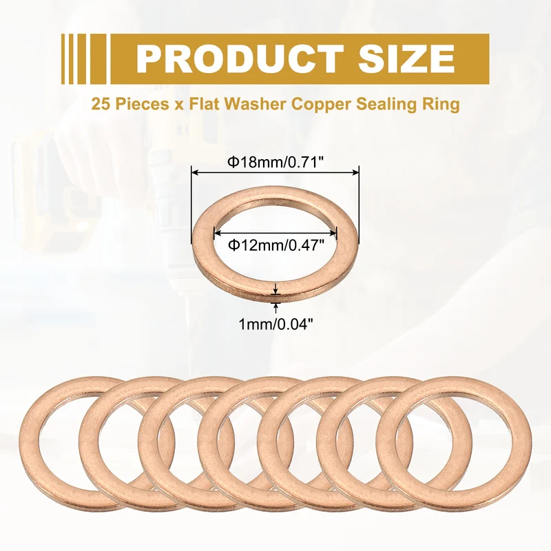 25Pcs M12 Copper Crush Washer Sealing Ring Gasket 12mm ID 18mm OD 1mm Thick
